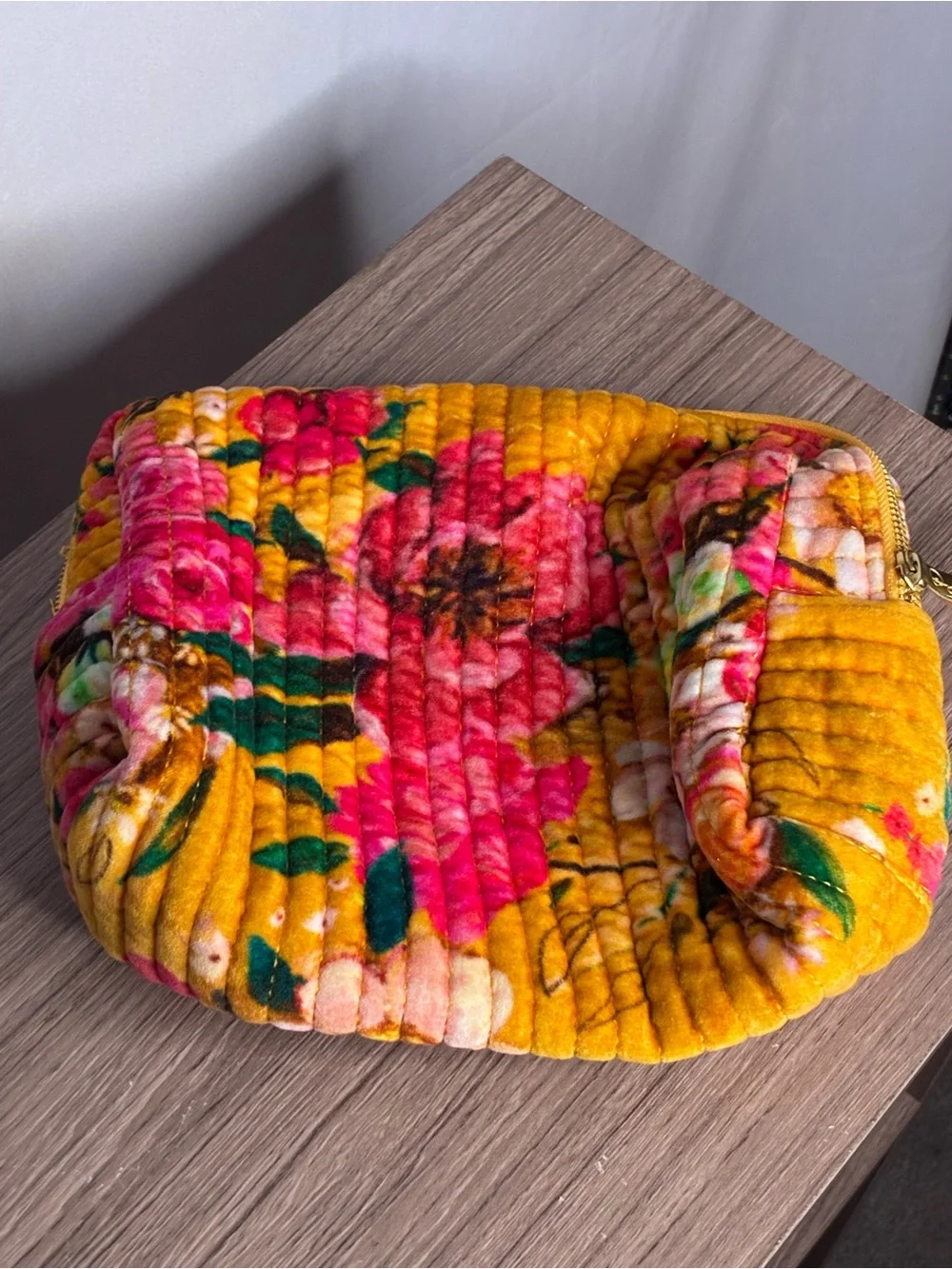 EUC Powder Floral Quilted Velvet Pouch in Mustard & Pink